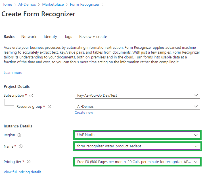 Azure Form Recognizer Creation: Basic Information in the first tab 