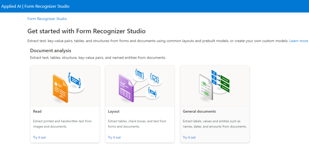 Form Recognizer Studio Home Page