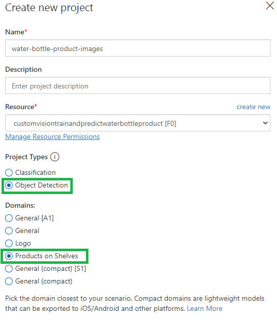 Custom Vision Portal Create Project View