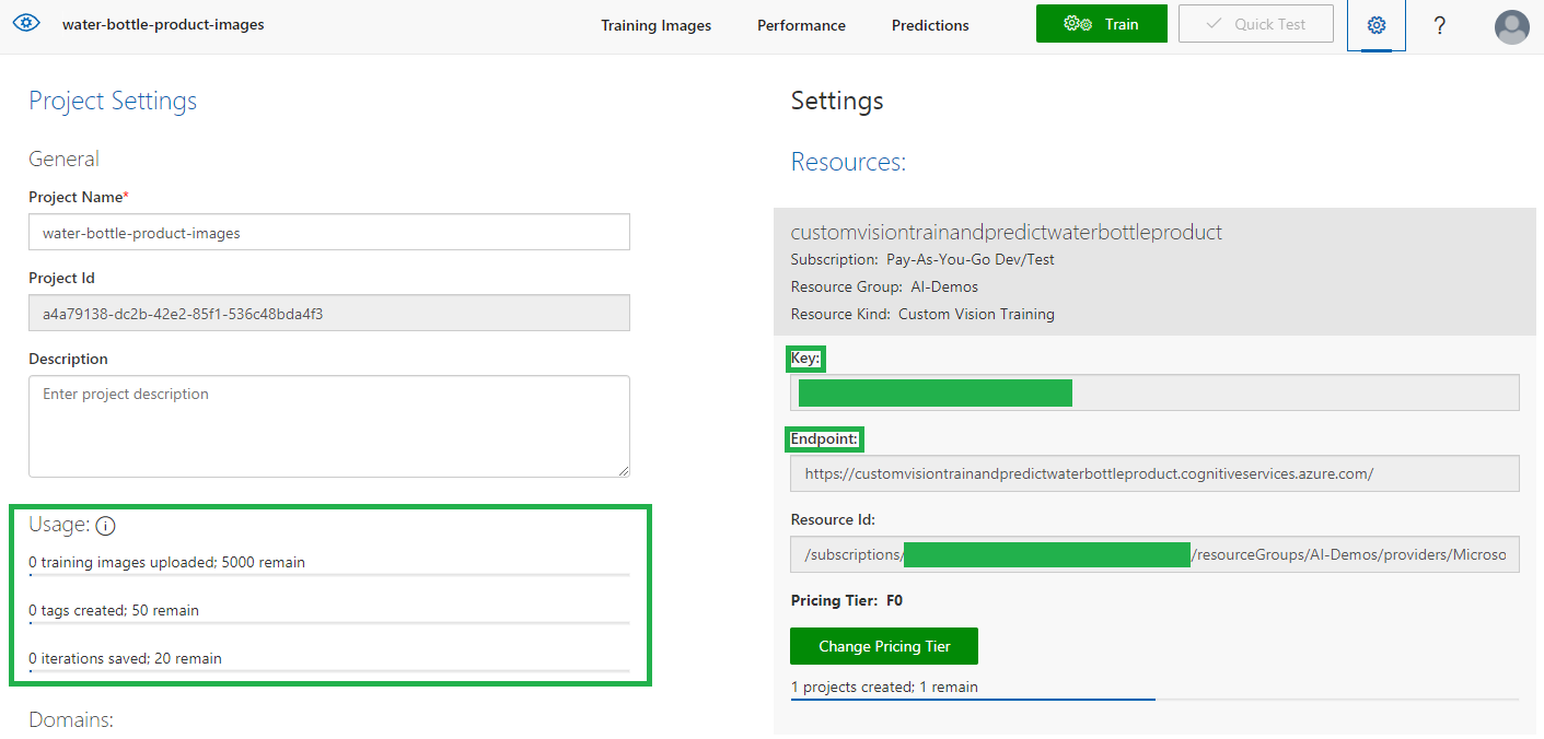 Custom Vision AI Project Settings Page