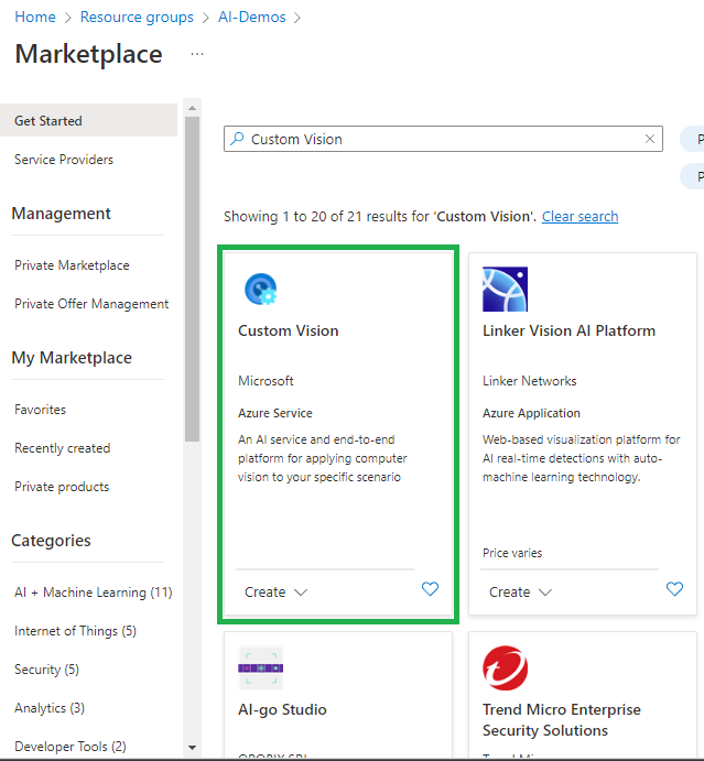 Create Custom Vision Service from Azure Marketplace