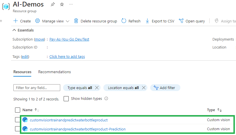 Azure Custom Vision Resources in Azure Resource Group