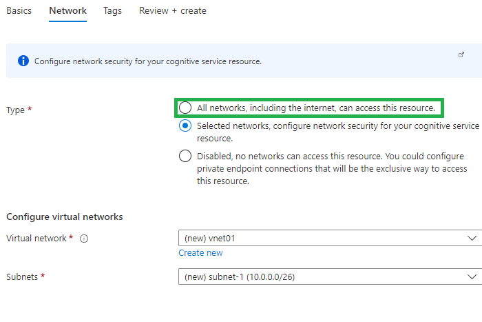 Custom Vision Service Creation - Second Tab - Network