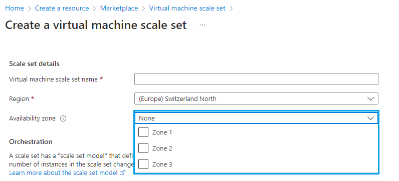 VM scale set availability zone option
